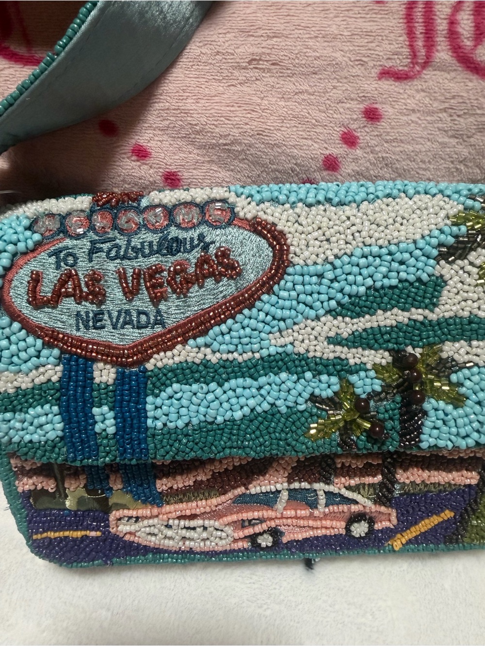 Beaded Las Vegas Motif Clutch in Aqua and Teal